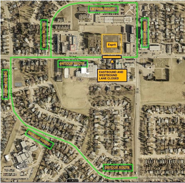 Aerial map of affected road closure in the Esprit neighbourhood of Beaumont, with the suggested detour routes.