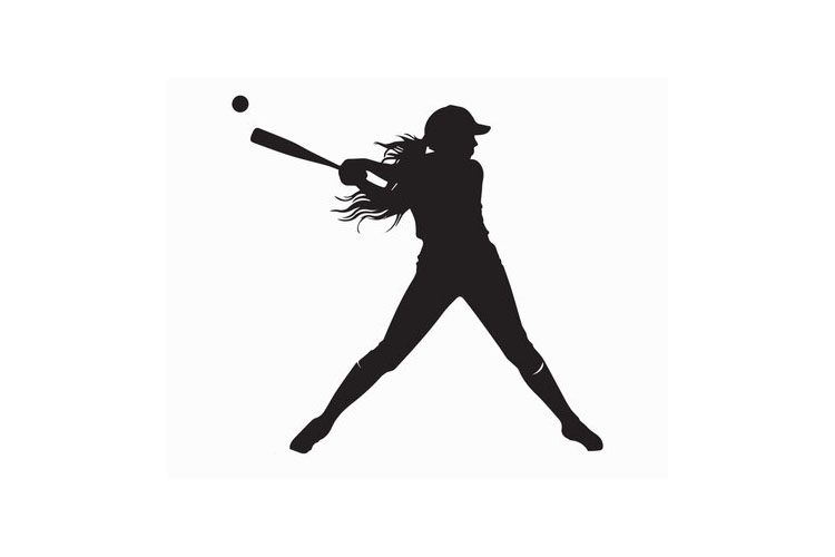 Silhouette image of a female baseball player swinging a bat at a ball.