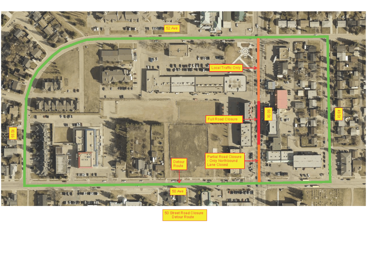 Image of map with detour route to accommodate construction on 50 Street between 52 Ave and 50 Ave. Detour involves going around the closure via 52 Avenue to 55 Street or 49 Street to 50 Avenue. 