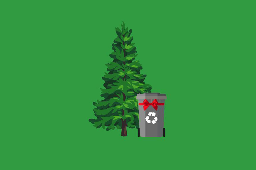 Graphic of an evergreen tree next to a grey waste cart with a red bow around it. Background is green.