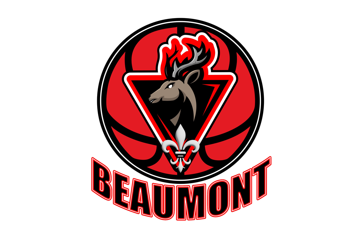 Red and Black Logo for the Beaumont Basketball Association featuring an antlered deer head and a fleur-de-lis on top of a basketball with the uppercase word Beaumont curved underneath the ball.